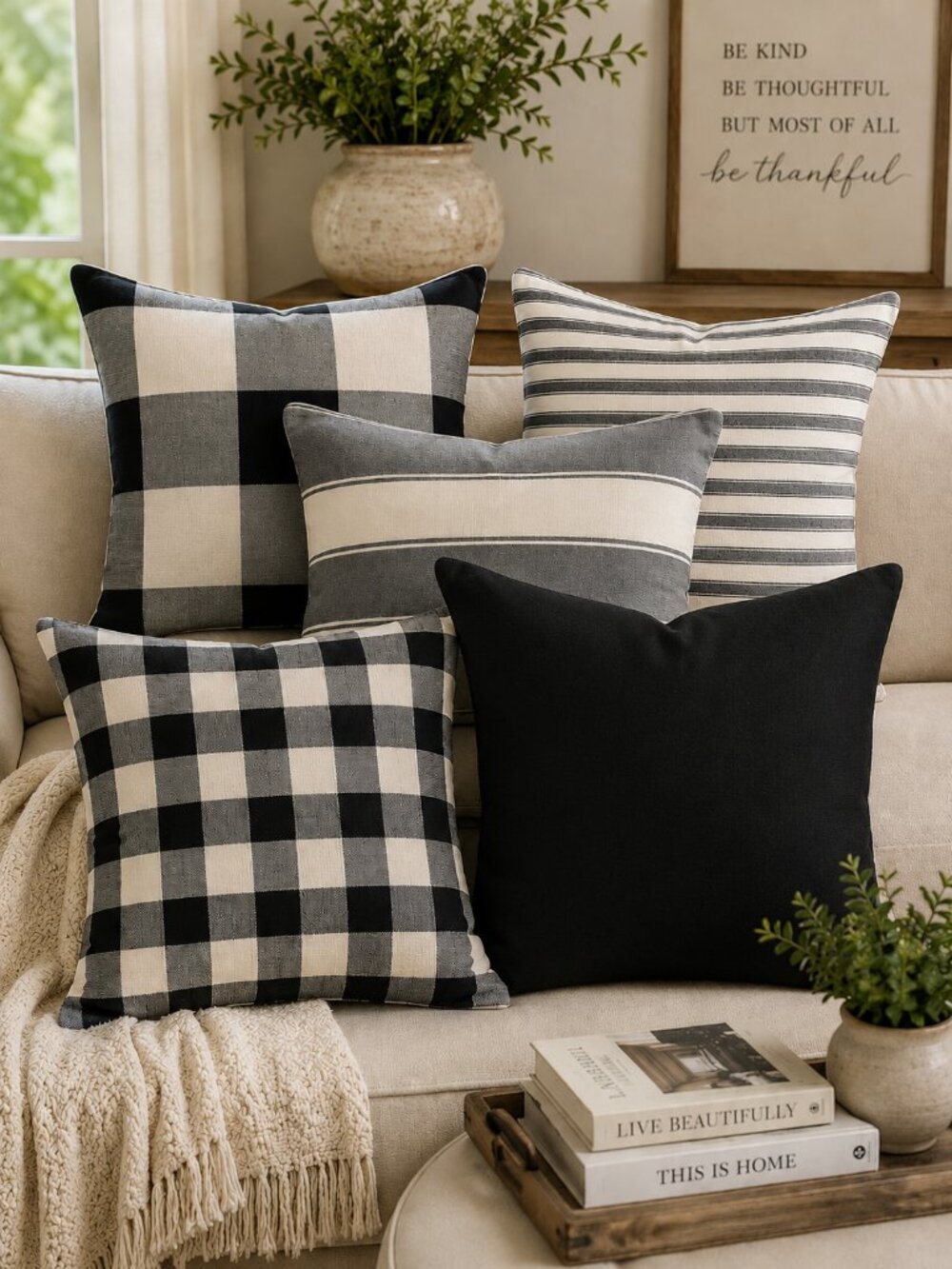 Home Brilliant Pillow Covers Set of 5 Black Cream 18x18 Mixed Pattern New
